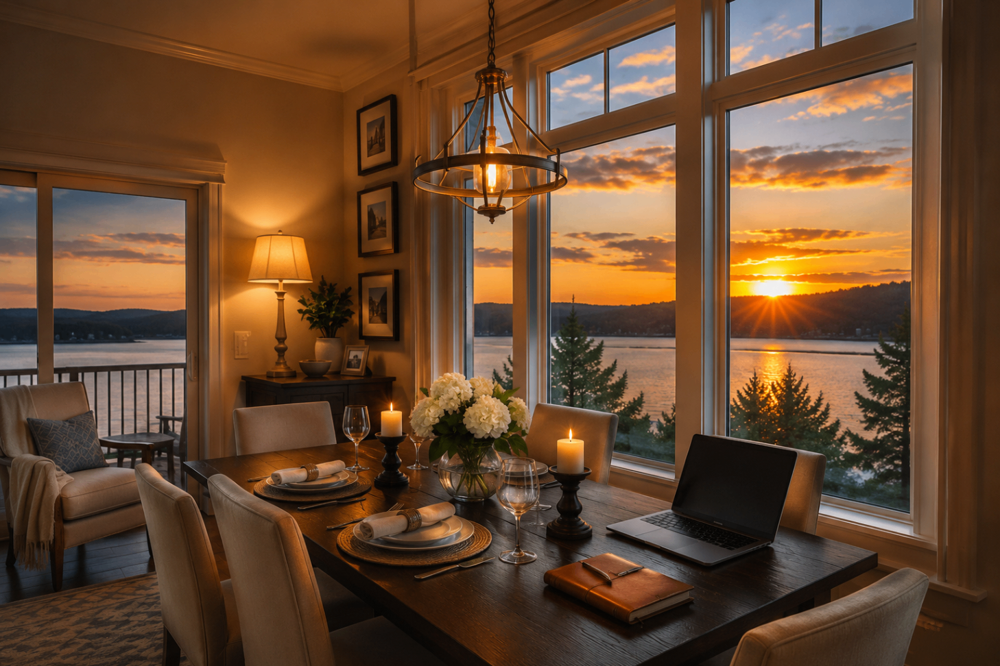 A dining table set at golden hour