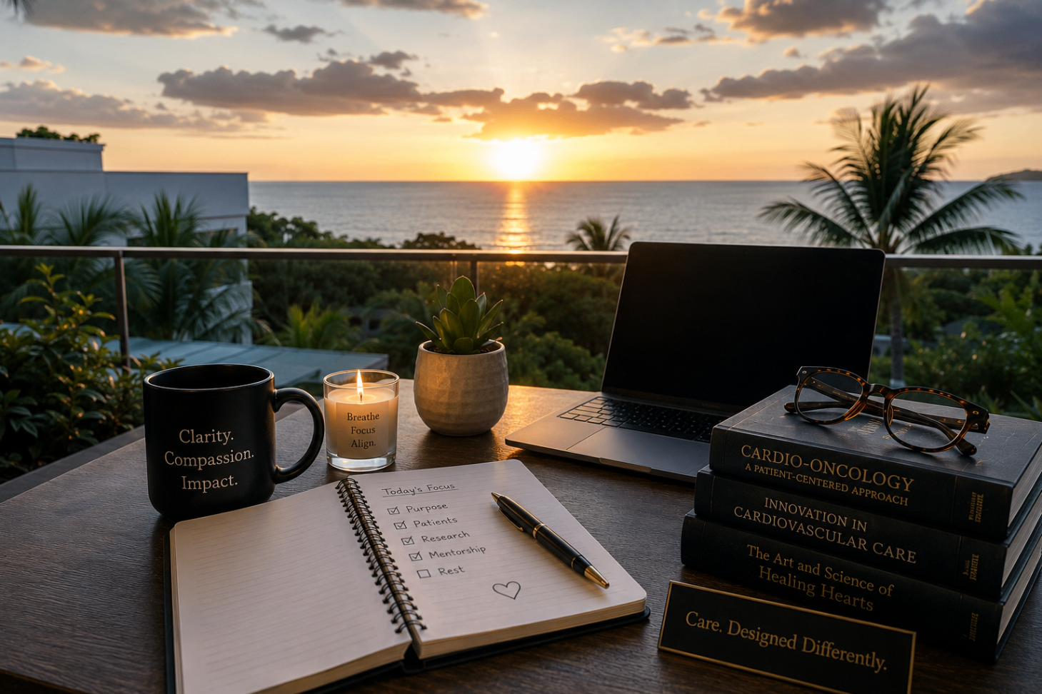 A wooden desk facing a wide sunset window