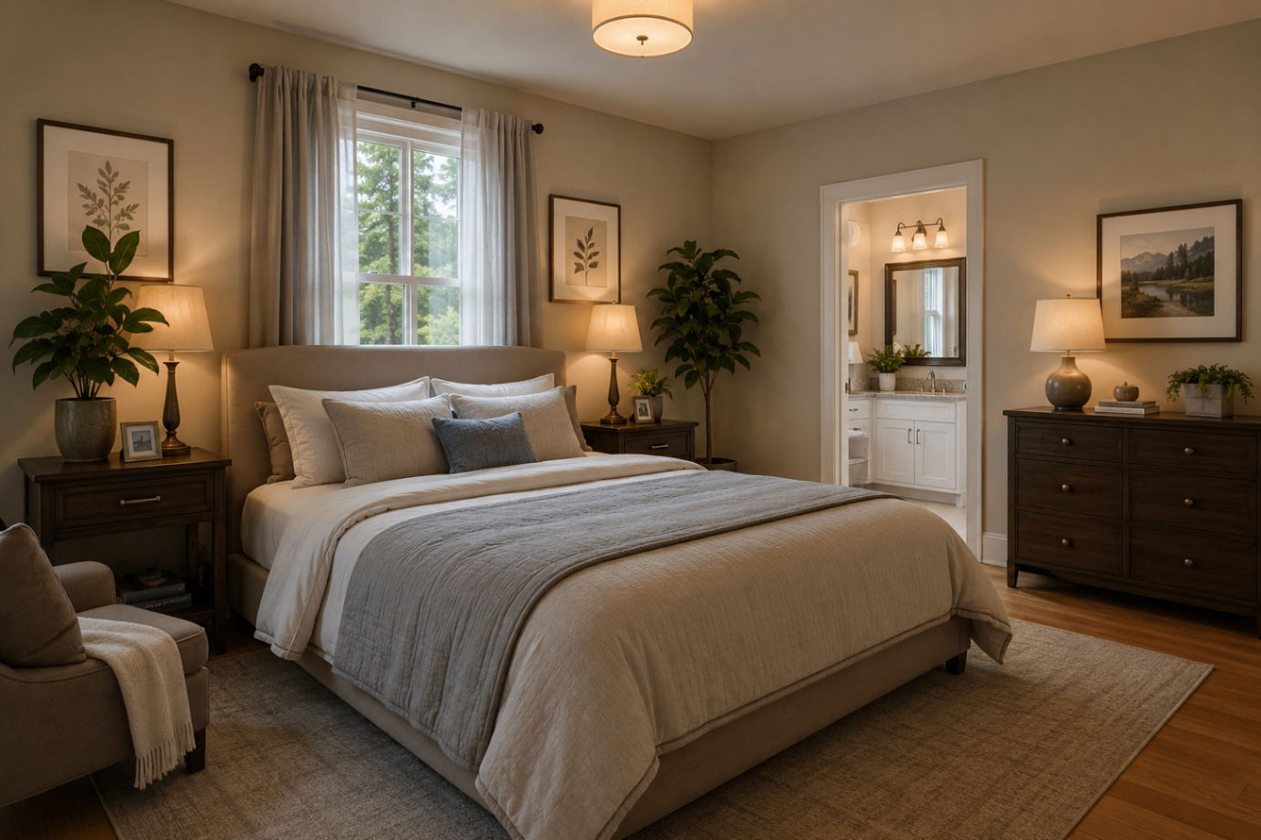 A calm guest room prepared with fresh linens