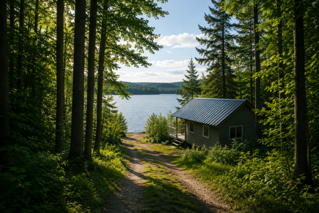 A cabin nestled among trees on a bright day