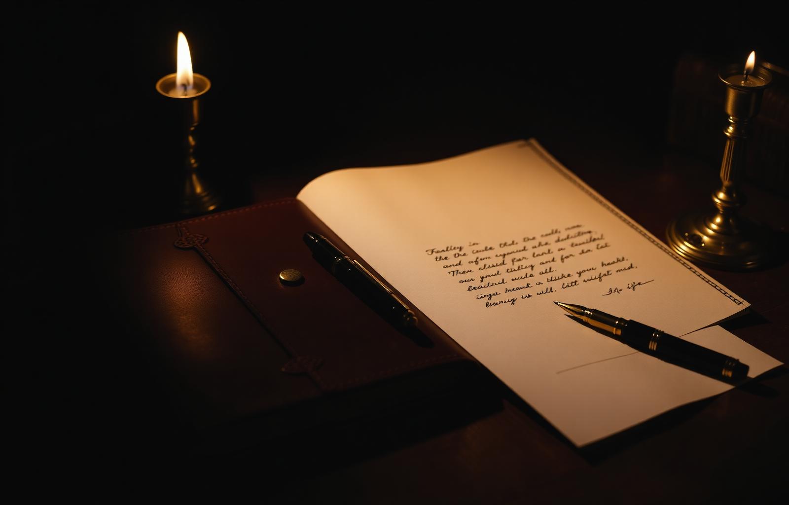 A candlelit writing desk